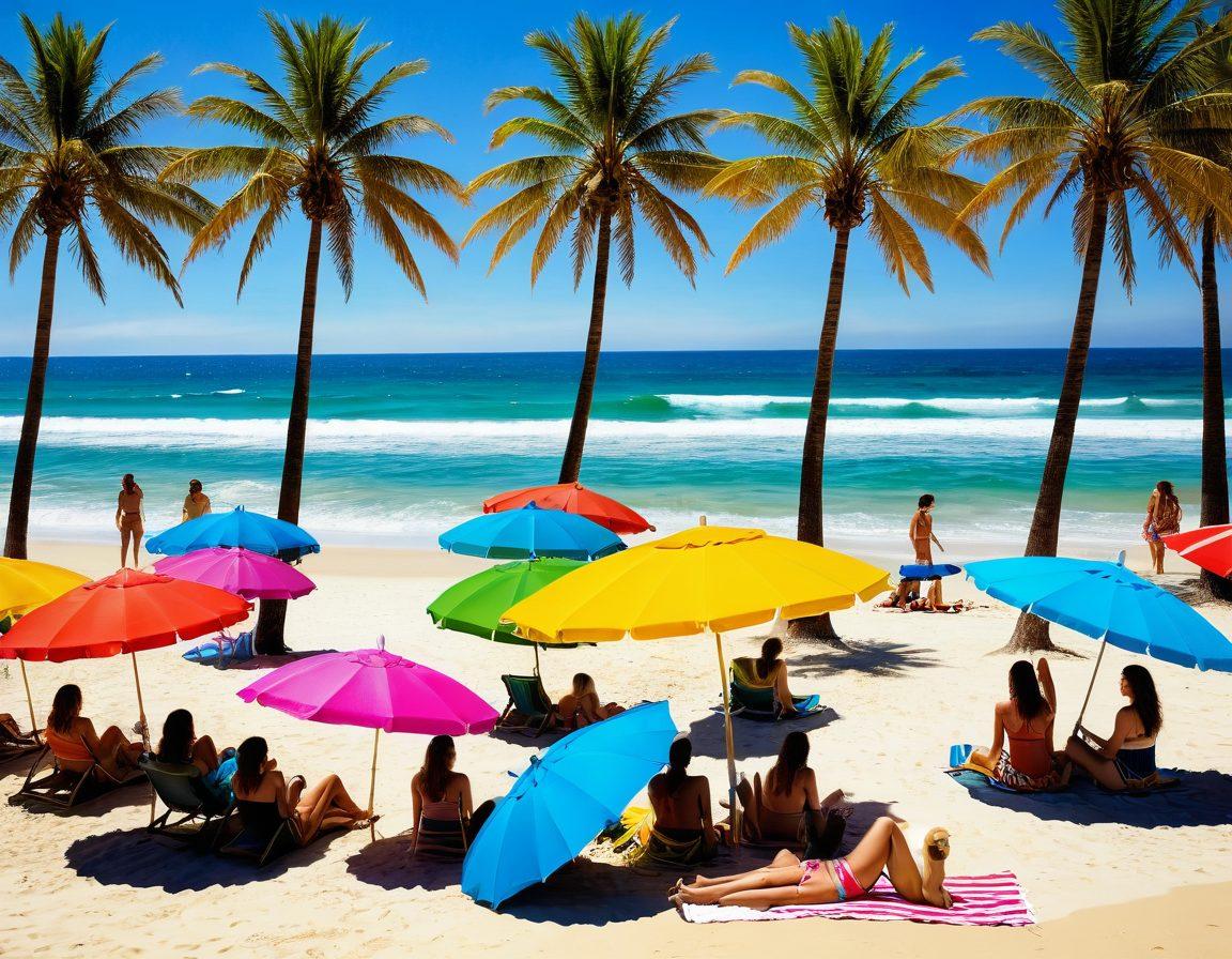 A vibrant beach scene with colorful umbrellas, beach towels, and a variety of stylish bikinis on display. Show diverse models of different body types and ethnicities, enjoying the sun and surf. Include elements like palm trees, clear blue skies, and waves gently crashing in the background to evoke a lively summer feel. The focus should be on showcasing the latest bikini trends in a fun and inviting atmosphere. super-realistic. vibrant colors. sunny beach backdrop.